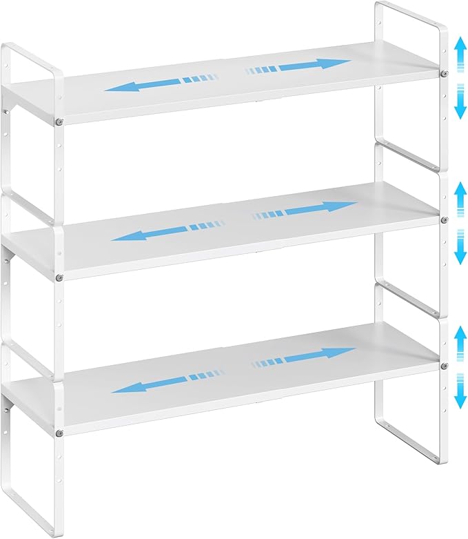 15.5 to 25.5 Inch Kitchen Cabinet Shelf Organizers, Adjustable Kitchen Counter Shelf Organizer, Set of 3 Expandable Countertop Storage Shelves, Stackable Design, 30LBS Heavy Duty, Space Saver by X-cosrack