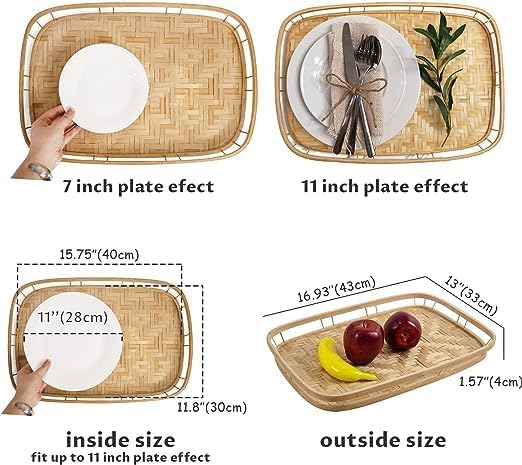 Set of 4 pcs Rectangular Bamboo Wicker Serving Trays with Handles, Handwoven Coffee Trays for Coffee, Breakfast, Bread, Food, Dish and Decorative Trays for Dining Table - Image 6