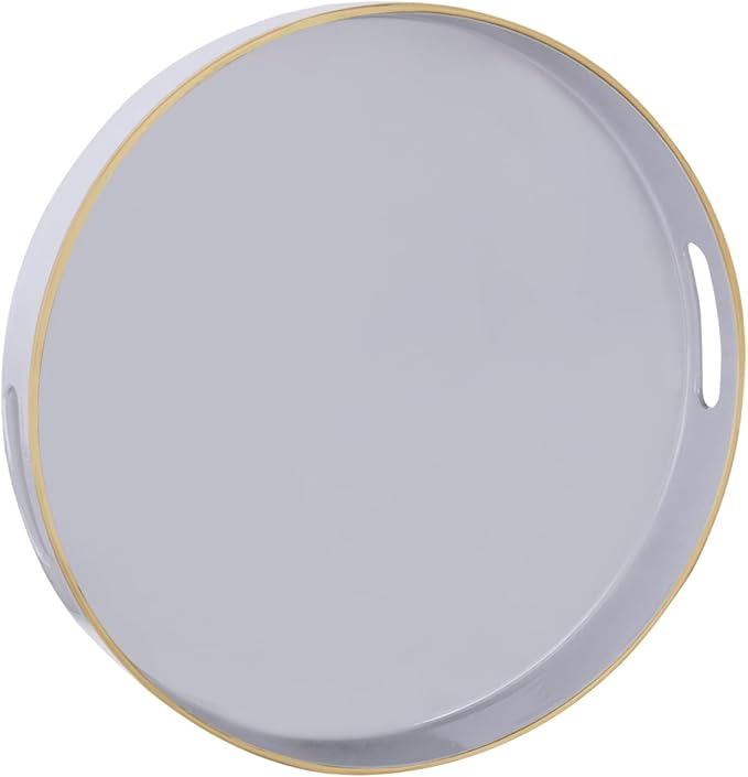 13" Gray Decorative Tray, Plastic Round Serving Tray with Handles | Grey Decorative Tray for Coffee Table, Modern Ottoman Tray, Circle Tea Tray, Round Melamine Tray for Living Room, Bathroom by MAONAME