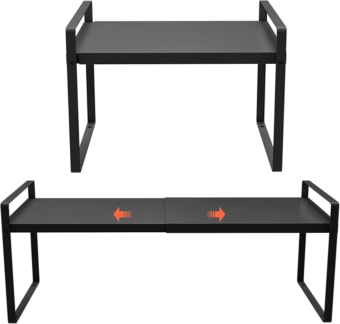 (2-Pack) 11" Cabinet Shelf Organizer Set, 14"~25" Expandable Shelves for Kitchen Cabinets & Cupboards, Perfect for Dishes, or Small Appliance Storage by KOMOHOM