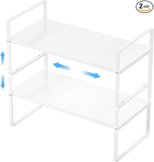 Expandable Kitchen Cabinet Shelf Organizers 2 Pack, Stackable Metal Pantry Storage Shelves Rack, Adjustable Counter Shelf for Cabinets, Countertop, Cupboard Organizers and Storage, White by GEDLIRE