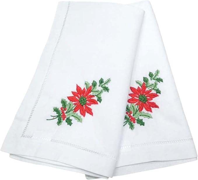 Embroidered Cloth Napkin Poinsettia and Holly Christmas Cotton Napkins Set of 6, 20 x 20 Hemstitch Table Napkins Machine Washable, Daily & Holidays, Great Gift Ideas by Unknown