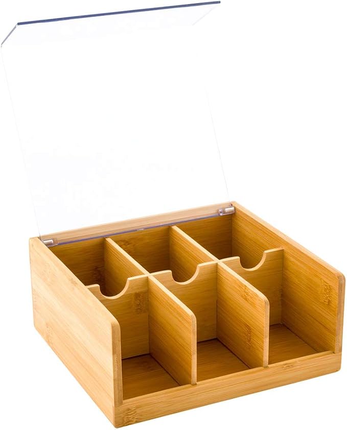 Restaurantware-8.5 x 8 x 3.5 Inch Tea Box Organizer, 1 Sustainable Tea Box Container - 6 Compartments, With Plastic Cover, Bamboo Tea Bag Organizer Storage Box, Durable, For Countertops And Cabinets - Image 2