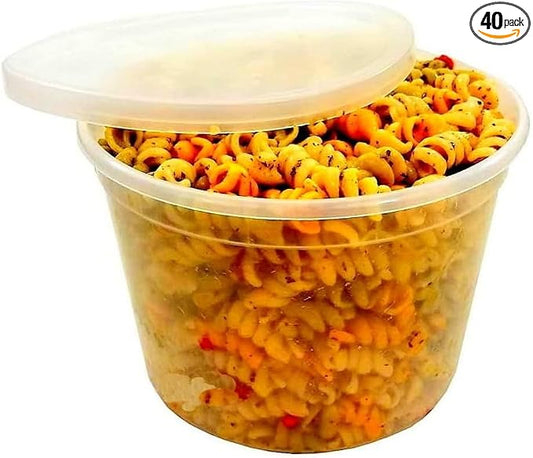 64 oz (1/2 Gallon) Heavy Duty Round Plastic Deli Soup Containers with Lids, For Meal Prep Containers | BPA Free | Stackable | Leakproof | Microwave/Dishwasher/Freezer Safe (Pack of 40 Sets) by PACTOGO