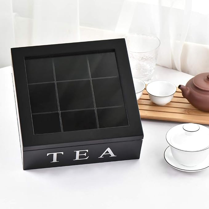 Wood Tea Storage Box, Teabag Storing 9 Compartments Wooden Tea Box Hinged Glass Lid Tea Organizer-Black - Image 5