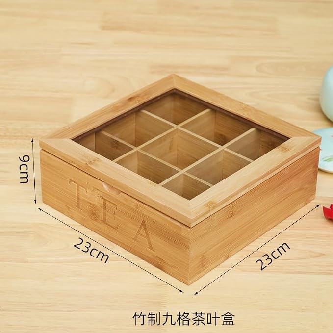 Tea Box Organizer,Bamboo Tea Box Organizer Storage Box,Wooden Teas Bag Storage with 9 Compartments and Clear Glass Cover for Home Office Gift - Image 9