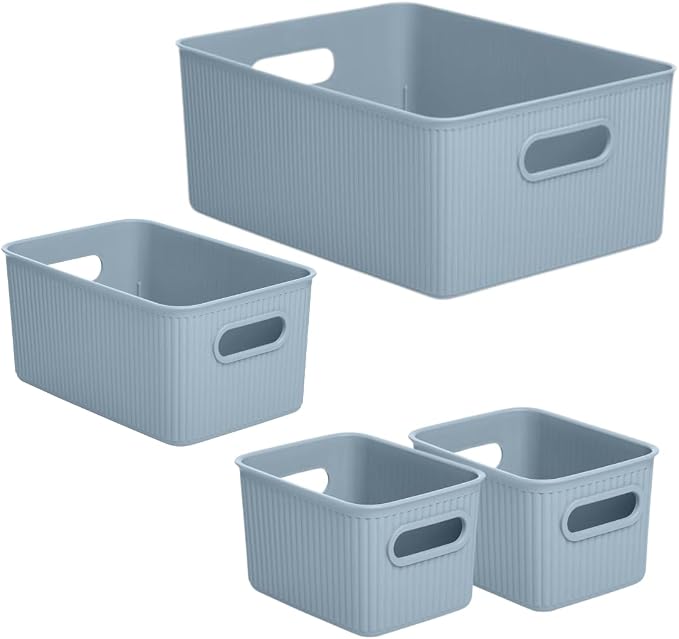 Superio Ribbed Collection - Decorative Plastic Basket Open Home Storage Bins Organizer, Blue (Set of 4) 1 Large, 1 Medium, 2 Small - Container Boxes for Organizing Closet Storage Bins for Shelves - Image 7