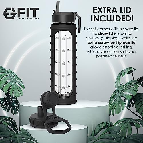 FIT Strong & Healthy 4-Pack 2 & 3 Compartment Glass Meal Prep Containers & 32oz Glass Water Bottle with Straw Lid, Time Marker, Sleeve & Extra Lid (Black) - Image 9