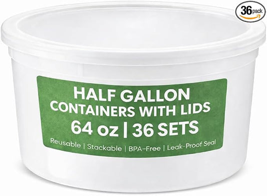 64 oz Food Storage Containers with Lids (Case Pack of 36 Sets), Half Gallon Round Plastic Deli Container with Leak-Proof Lid, BPA-Free, Freezer, Dishwasher & Microwave Safe by JoyServe