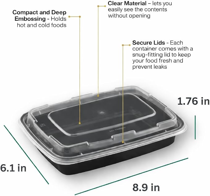 Meal Prep Containers [100 Pack] Rectangular Food Storage Containers with Lids, Bento Box, BPA Free, Stackable, Microwave/Dishwasher/Freezer Safe To Go Food Containers for Meal Prep (32oz) - Image 2