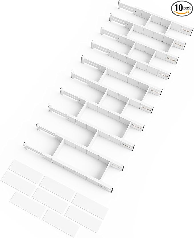 SpaceAid Bamboo Drawer Dividers with Inserts and Labels, Kitchen Adjustable Drawer Organizers, Expandable Organization for Home, Office, Dressers, 10 Dividers with 24 Inserts (17"-22" White) by SpaceAid