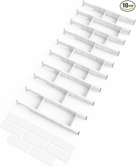SpaceAid Bamboo Drawer Dividers with Inserts and Labels, Kitchen Adjustable Drawer Organizers, Expandable Organization for Home, Office, Dressers, 10 Dividers with 24 Inserts (17"-22" White) by SpaceAid