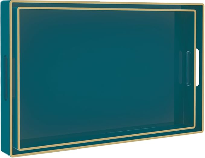 Green Serving Tray with Handles, Plastic Decorative Tray Set of 2 | Decorative Tray for Coffee Table, Modern Ottoman Tray, Rectangle Melamine Tray for Living Room, 15.8"L x 10.2"W x 1.4"H by MAONAME