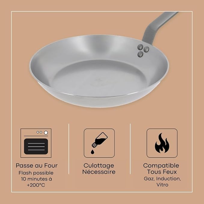 de Buyer MINERAL B Carbon Steel Fry Pan - 12.5” Diameter, 9” Cooking Surface - Ideal for Searing, Sauteing & Reheating - Naturally Non-Stick Finish - Made in France - Image 7