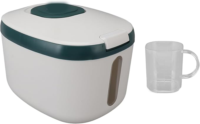 Rice Storage Container, Large Capacity Food Storage Container, Airtight Food Storage Container with Measuring Cup, Covered Rice Bucket, Cereal Dispenser Bin for Grains Nuts(M Green (10kg/22.0lb)) by TITA-DONG