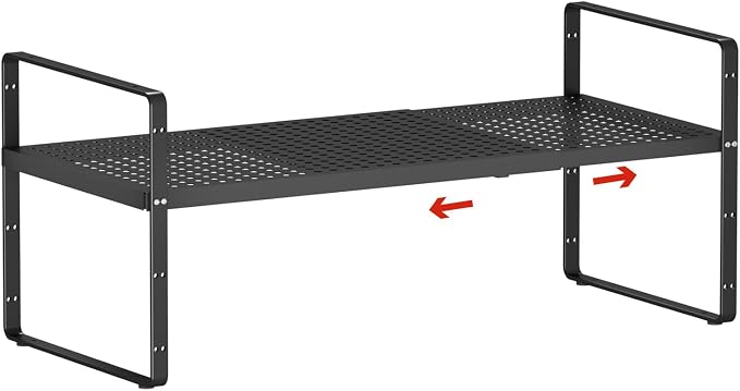 Expandable Cabinet Shelf Organizers, 16.5"~27''L, Black | Adjustable Metal Spice Rack Organizer, Stackable, Kitchen Counter Storage, Cabinet Organization, 10.2" W x 9.6" H by jkxoo