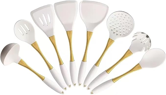 8-Piece Silicone Kitchen Utensil Set, White and Gold, Heat Resistant Cooking Tools with Comfort Handles- Includes Spatula & Spoon for Nonstick Cookware (Elegant White & Gold) - Image 9
