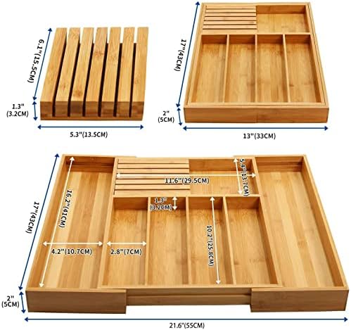 VaeFae Bamboo Silverware Drawer Organizer with Knife Block Set - Image 3