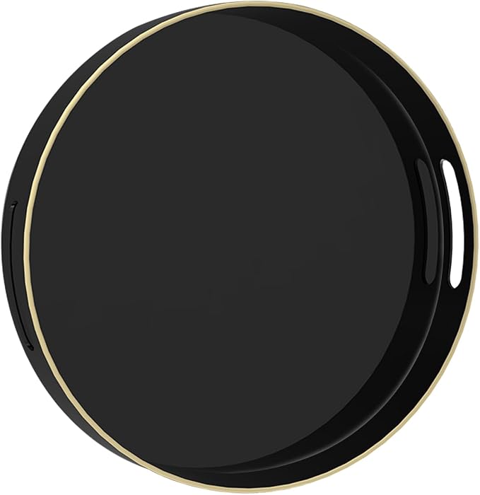13" Black Decorative Tray, Plastic Round Serving Tray with Handles | Decorative Tray for Coffee Table, Modern Ottoman Tray, Circle Tea Tray, Round Melamine Tray for Living Room, Bathroom by MAONAME
