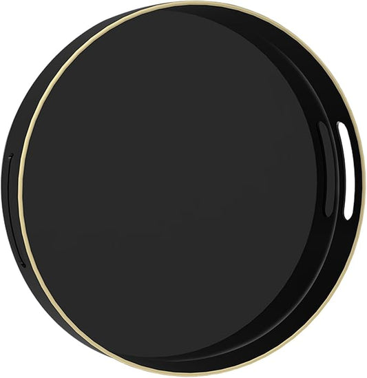 13" Black Decorative Tray, Plastic Round Serving Tray with Handles | Decorative Tray for Coffee Table, Modern Ottoman Tray, Circle Tea Tray, Round Melamine Tray for Living Room, Bathroom by MAONAME