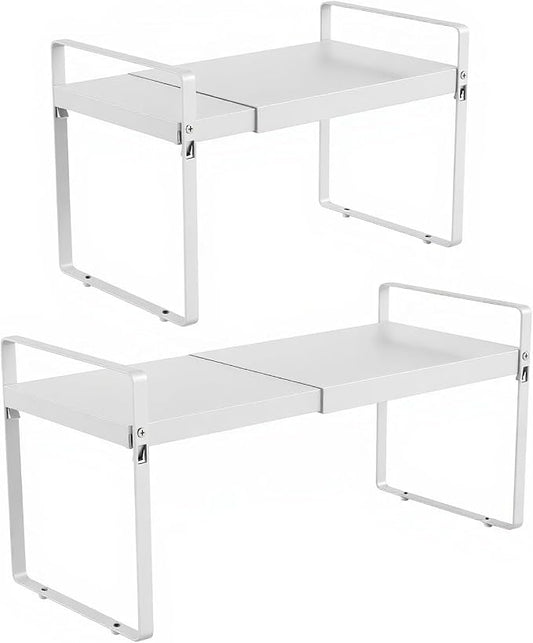 11" Deep Expandable Cabinet Shelf Organizer Riser, 2-Pack White | Adjustable 14-25", heavy duty metal pantry storage rack for kitchen cupboard, under sink & countertop, 10" high space saver by Unknown