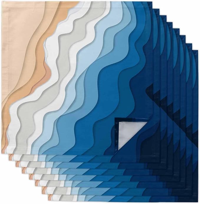 Blue White Sea Waves Cloth Napkins Washable Set of 8, 20 x 20 Inch Reusable Coastal Ombre Abstract Beach Ocean Stripes Dinner Table Napkins Cloth Bulk for Wedding Kitchen Restaurant Hotel Event Party by SODIKA