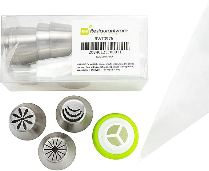 Restaurantware Pastry Tek Russian Piping Tips Set 20 Piece Durable Cake Decorating Kit - 9 Piping Tips 10 Piping Bags Stainless Steel Piping Bags And Tips Set 1 Tri-Color Coupler by Restaurantware