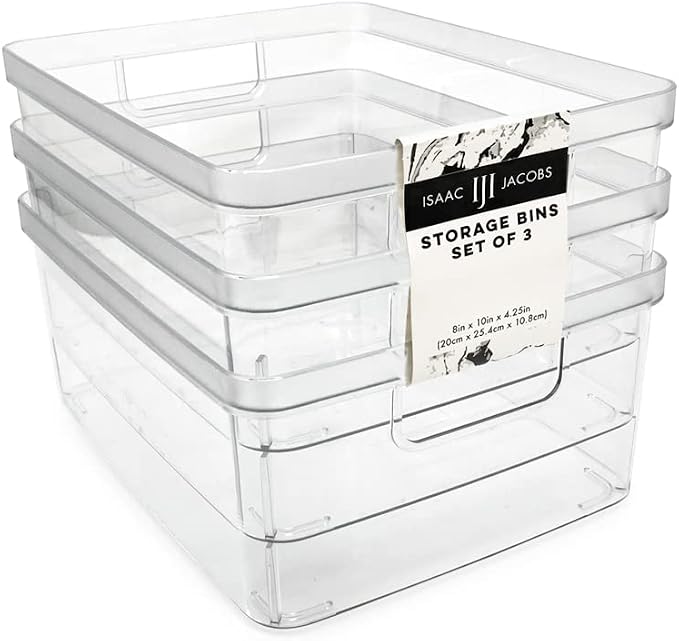 Isaac Jacobs 3-Pack Medium Clear Storage Bins (8” L x 10” W x 4.25” H) | Cutout Handles, Plastic Organizer for Home, Office, Kitchen, Fridge/Freezer, Bathroom, BPA Free, Food Safe (3-Pack, Medium) by IsaacJacobs