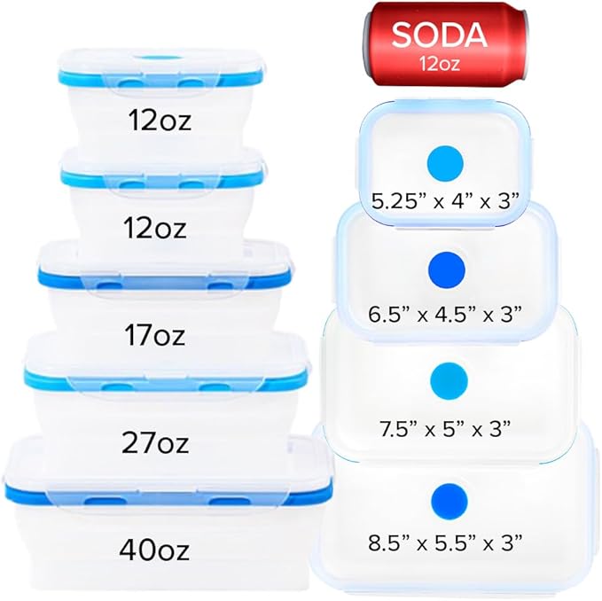 Collapsible Food Storage Containers, 5 Piece, 12-40 oz | Silicone, Airtight Lids, Space-Saving, Reusable Meal Prep, Microwave, Freezer & Dishwasher Safe - Image 2