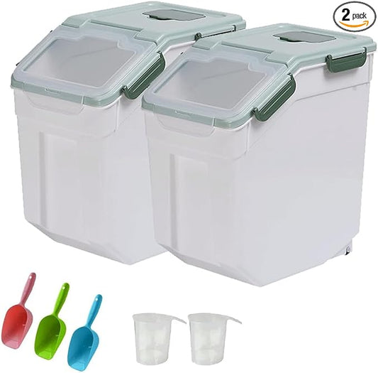 25LB Large Flour Storage Container Bin ,2 Pack Airtight Plastic with Wheels Seal Locking Lid Dispenser Organizer Storage Bin with Measuring Cup & Scoop for Flour, Rice, Grain 50LBS Total by YXQ