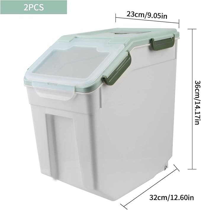 AnRui Airtight Flour Storage Container 25lb, Plastic Grain Storage Bucket, Rice Cereal Dispenser Organizer Box with Lid, Cat Dog Food Storage Bin with Measuring Cup, Scoop, Wheels, 2Pcs Green - Image 5