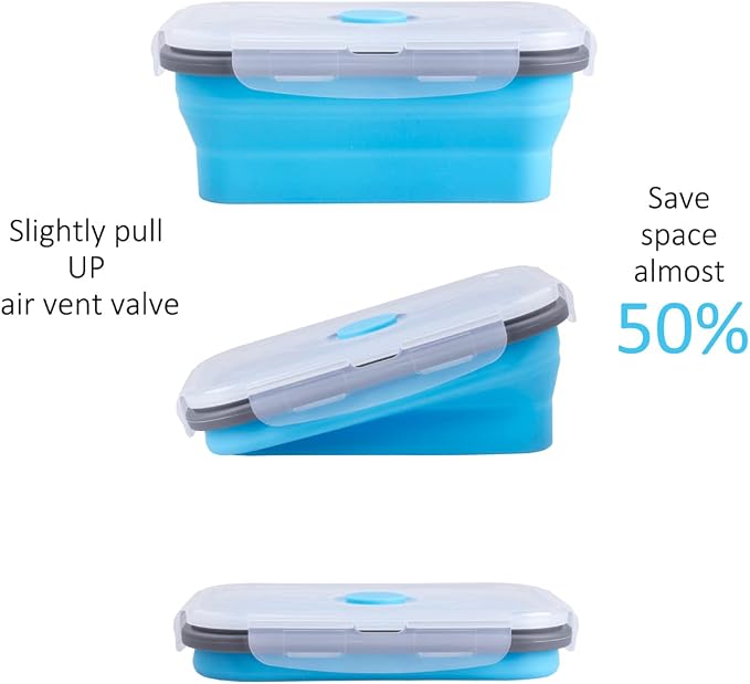 Collapsible Food Storage Containers with Airtight Lid & Air Vent, 16.9 oz, Kitchen Stacking Silicone Collapsible Meal Prep Container Set for Leftover, Microwave Freezer Dishwasher Safe, Blue, Set of 4 - Image 4