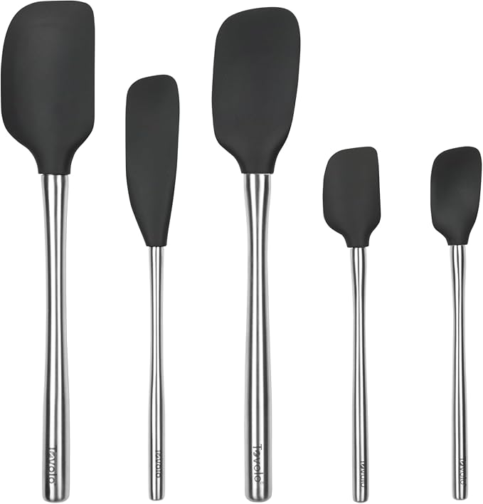 Tovolo Stainless Steel Handled Silicone Spatula Set of 5, Dishwasher Safe Kitchen Spatula Set for Cooking Baking, BPA Free Silicone Spatula set with Metal Steel Handle, Black by Tovolo