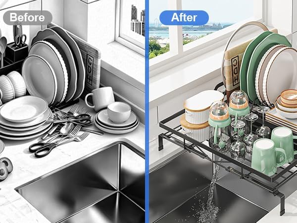 Extendable Dish Drying Rack, Space-Saving Dish Rack for Kitchen Counter, Stainless Steel Dish Strainer with Utensil Holder and Drainboard (Black) - Image 5
