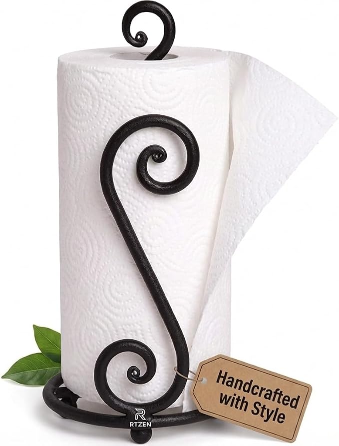 Matte Black Paper Towel Holder Non-Slip Base Countertop | Decorative Farmhouse Paper Roll Holder, Rustic Metal Modern Stylish Accent Durable Stand for Kitchen, Bathroom (Swirl) by RTZEN