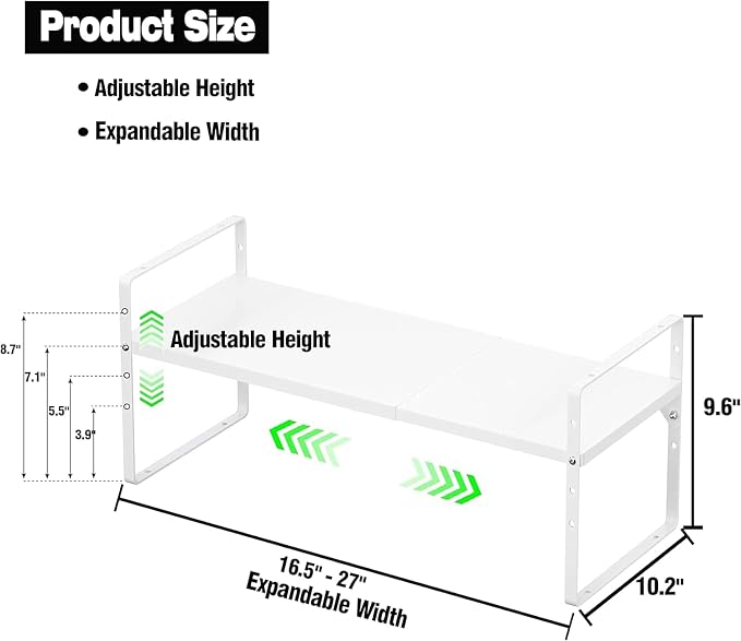 ‎Expandable Kitchen Cabinet Storage Shelf, Stackable Metal Pantry Storage Shelves Organizer, Adjustable Height Counter Spice Rack for Kitchen Cabinet (White - 16.5"-27" L x 10.2" W x 9.6" H - 3Pack) - Image 3