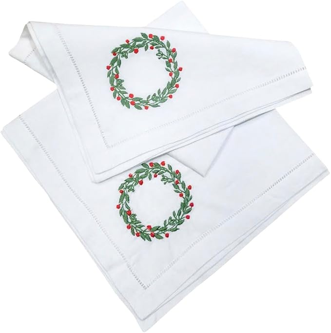 Embroidered Cotton Napkins Christmas 20x20 (Holly Wreath Christmas) by Unknown