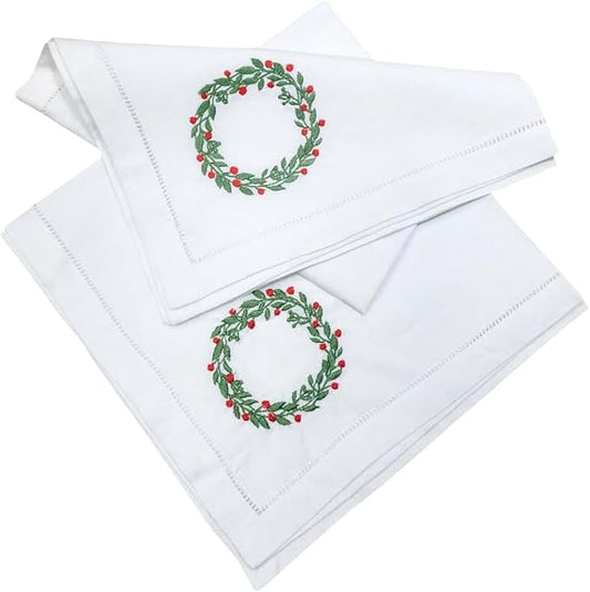 Embroidered Cotton Napkins Christmas 20x20 (Holly Wreath Christmas) by Unknown
