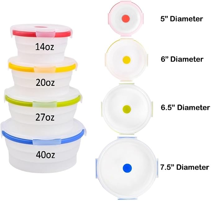 Collapsible Food Storage Containers, Round 4 Piece, 14-40 oz | Silicone, Airtight Lids, Space-Saving, Reusable Meal Prep, Microwave, Freezer & Dishwasher Safe - Image 3