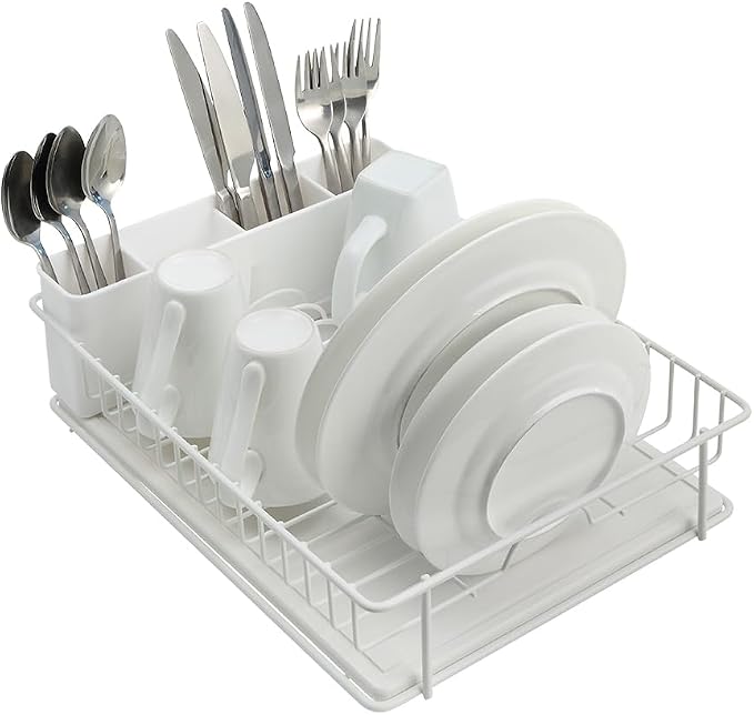 SunnyPoint 304 Stainless Steel Dish Drying Rack with Diatomaceous Earth Drainboard & Removable Utensil Caddy – Rust Resistant Countertop Dish Rack for Kitchen (White) by SunnyPoint