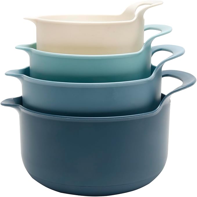 COOK WITH COLOR Nesting Plastic Mixing Bowl Set with Pour Spouts and Handles, Blue, 4 Piece Non-Slip by CookwithColor