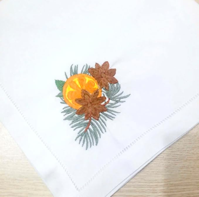 Embroidered Cloth Napkins, Set of 6 – Pine Cone, Orange & Palm Leaf Design – 20x20 Hemstitch Cotton Table Napkins – Machine Washable, Holiday & Everyday Use, Great Gift Idea - Image 2