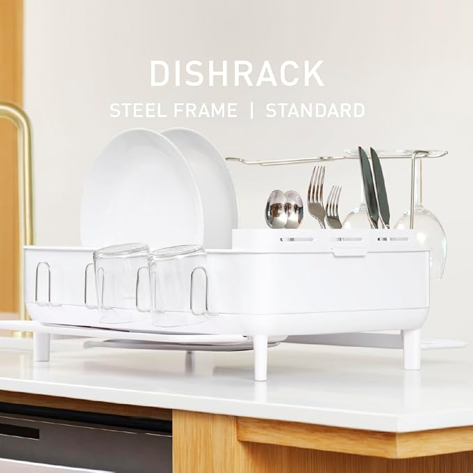 simplehuman Steel Frame Dishrack, Large Capacity Dish Drying Rack, 360º Easy Drain Swivel Spout, Utensil & Wine Glass Holder, Anti-Residue Coating, Moisture Control Surface, White - Image 2