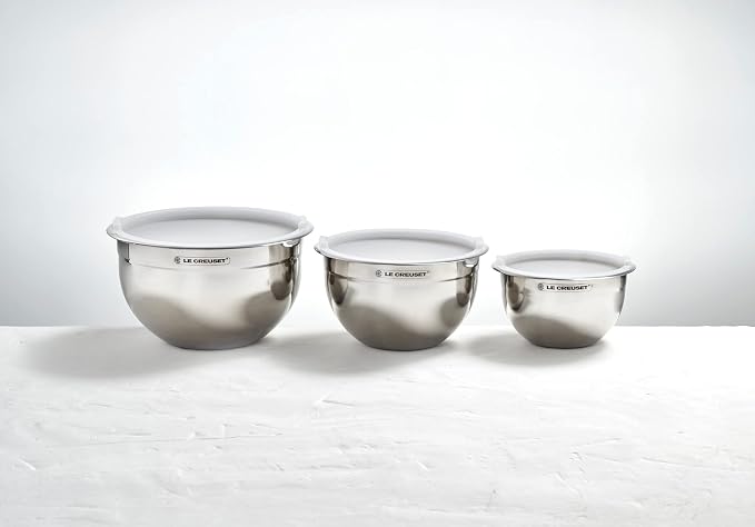 Le Creuset Stainless Steel Nested Mixing Bowls with Plastic Lids, Set of 3 | Set of 3: 1.5 qt., 3 qt., and 5qt., Non-Slip Silicone Base - Image 6