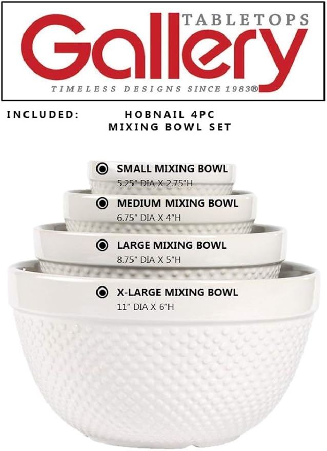 Tabletops Gallery Hobnail Style 4 Piece Classic White Stoneware Nesting Mixing Bowl Set for Baking and Cooking - Image 4