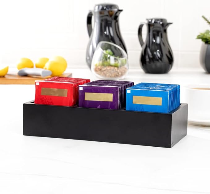 Restaurantware-9.5 x 4.25 x 2 Inch Coffee Condiment Organizer, 1 Rectangle Creamer Organizer - 3 Compartments, Black Bamboo Coffee Accessory Caddy, Won't Chip, For Tea And Sugar Packets - Image 3