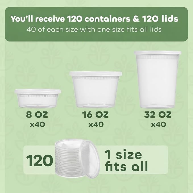120 Sets Plastic Deli Containers with Lids - 8oz, 16oz Pint & 32oz Quart | Leak Proof, Microwaveable, Dishwasher & Freezer Safe - Plastic Food Storage, Meal Prep, Restaurant & Soup Containers - Image 2
