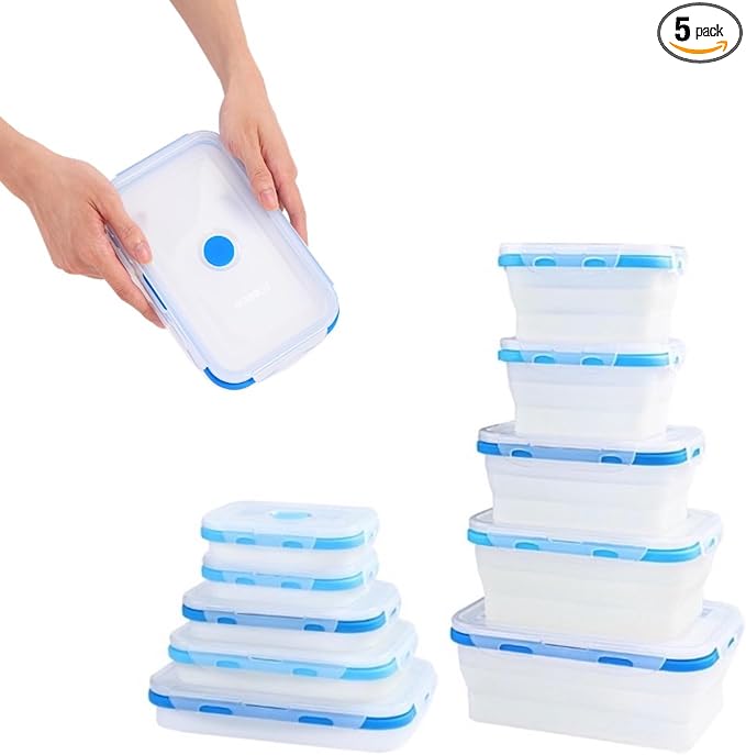 Collapsible Food Storage Containers, 5 Piece, 12-40 oz | Silicone, Airtight Lids, Space-Saving, Reusable Meal Prep, Microwave, Freezer & Dishwasher Safe by SmartDesignForEverydayLife