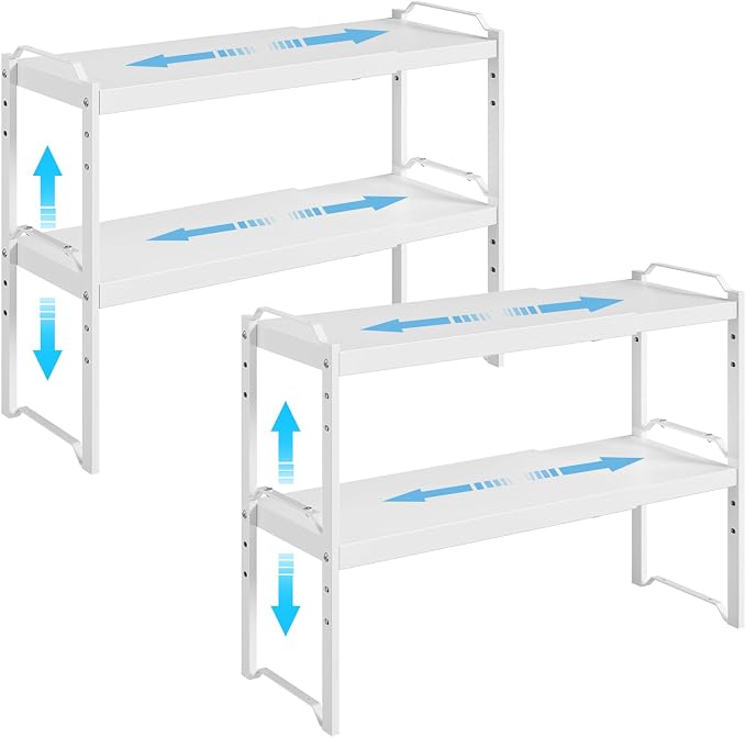 4 Pack Kitchen Cabinet Shelves Organizers, Kitchen Counter Storage Shelf Spice Rack, Expandable Length, Adjustable Height, Stackable, Sturdy 30LBS Bearing, Small Cupboard Tabletop Organizer Shelf Rack by X-cosrack