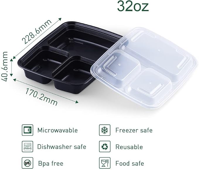 [150Pack] 32oz Meal Prep Containers, Black Plastic Container, 3 Compartment Lunch Box, Bento Box, To go Food packaging, Reuseable - Image 3